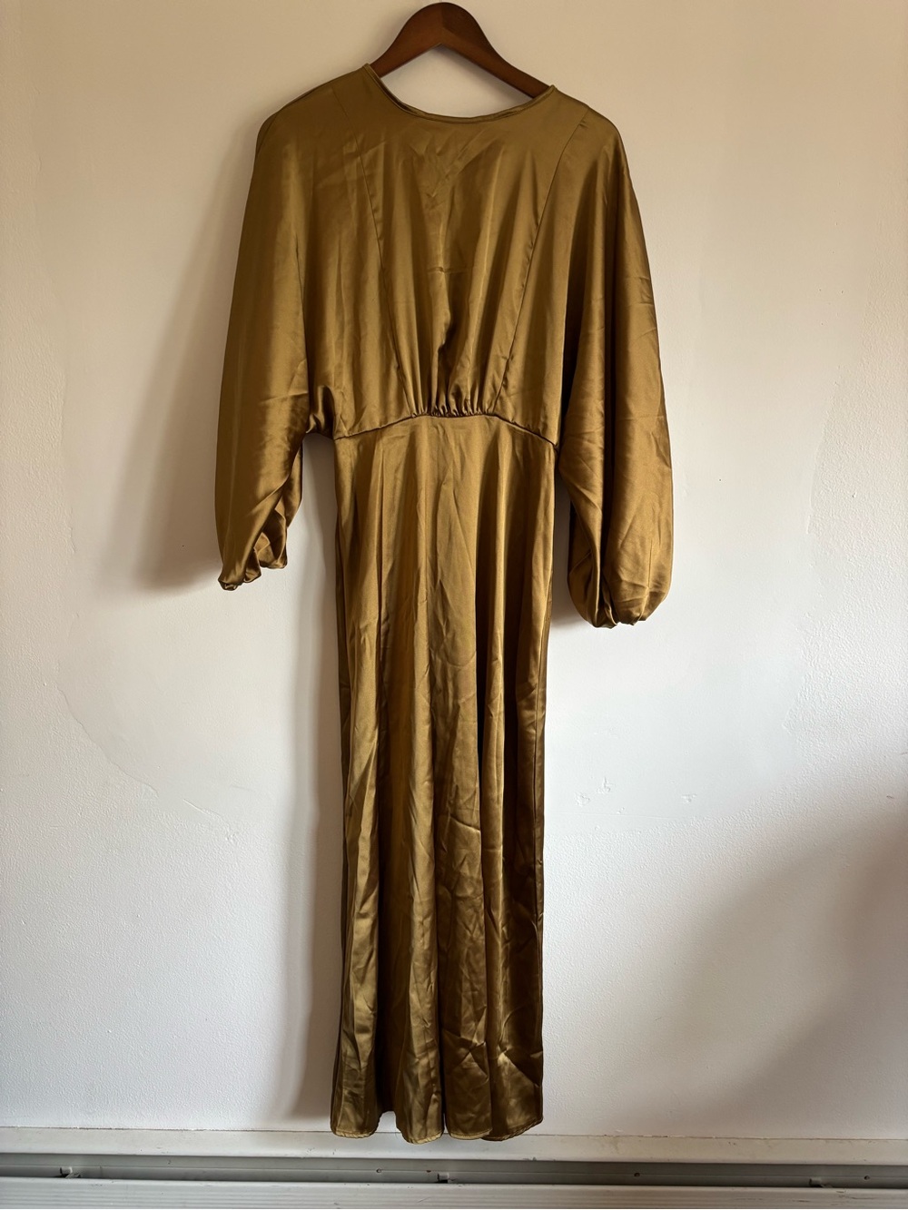 SHEIN Olive Satin-Look Long Puff Sleeve Maxi Dress